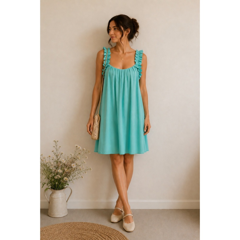 Symphony Aqua Blue Chiffon Ruffle Strap Midi Dress Size‎ Small Bridesmaid Resort